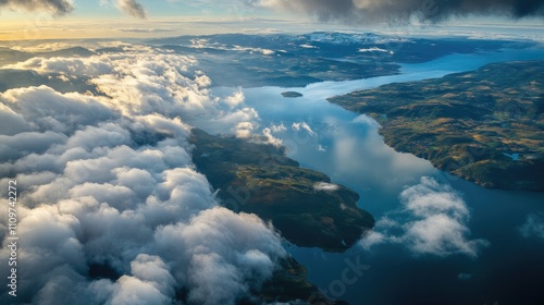 Stunning Aerial View of Norway's Majestic Lakes and Fiords Beneath a Cloudy Sky