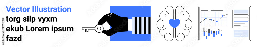 Hand holding a key, heart-brain fusion, analytics graph. Ideal for business strategy, success, data analysis, innovation, decision-making, growth, focus. Landing page Hand holding a key, heart-brain fusion, analytics graph. Ideal for business strategy, success, data analysis, innovation, decision-making, growth, focus. Landing page