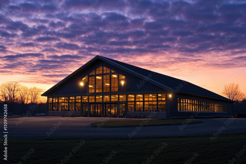 Obraz premium Illuminated Exterior of Spacious Gym Warehouse at Night Under Starry Sky