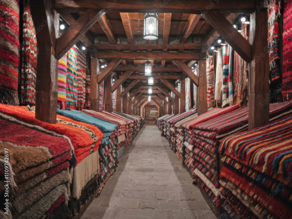 Fototapeta premium Tienda de alfombras marroquíes con un laberinto de pasillos llenos de alfombras coloridas 