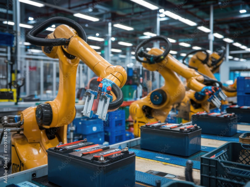 Robots que fabrican baterías eléctricas en una fábrica
Robots que fabrican baterías eléctricas en una fábrica