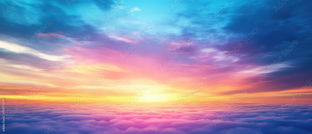 Obraz premium Breathtaking aerial view of a sunset above the clouds, featuring a vibrant spectrum of colors from deep blue to pink and golden yellow. Generative AI. 