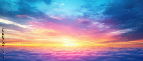 Breathtaking aerial view of a sunset above the clouds, featuring a vibrant spectrum of colors from deep blue to pink and golden yellow. Generative AI. 