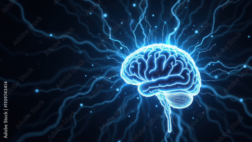 A visual representation of artificial general intelligence with a brain structure emitting electrical energy. A visual representation of artificial general intelligence with a brain structure emitting electrical energy.