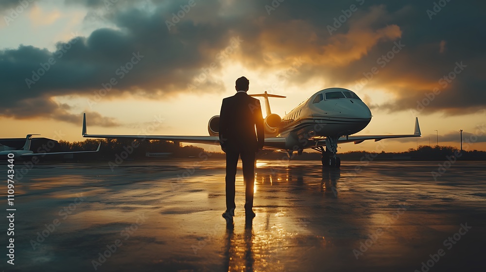 Fototapeta premium Businessman standing before private jet at sunset.
