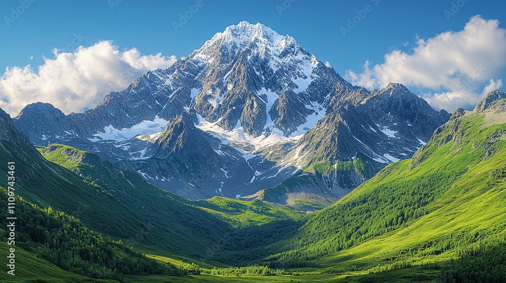 Majestic Snowcapped Mountain Peak Surrounded By Lush Green Valley Majestic Snowcapped Mountain Peak Surrounded By Lush Green Valley