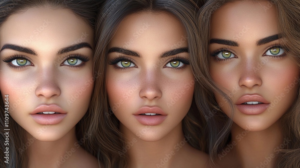 Unique close-up portraits of three women with green eyes and varying skin tones Unique close-up portraits of three women with green eyes and varying skin tones