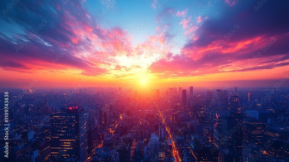 Vibrant Sunset Over Illuminated City Skyline Vibrant Sunset Over Illuminated City Skyline