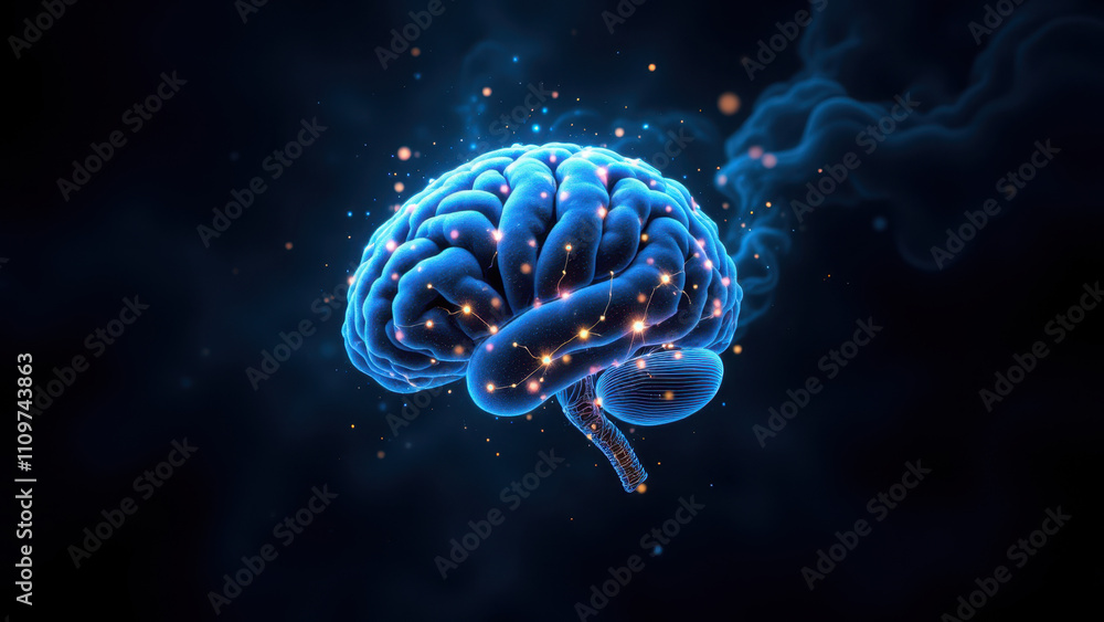 Obraz premium An artistic representation of human brain with elements suggesting artificial intelligence or AI technology.