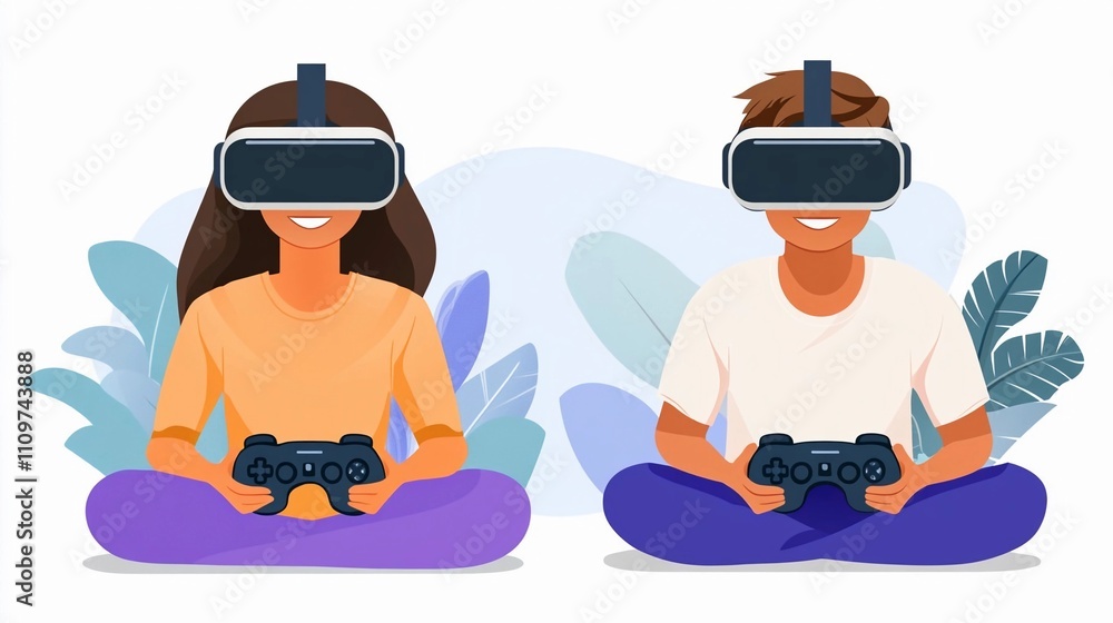 Two friends enjoy virtual reality gaming with headsets and controllers in a relaxed setting Two friends enjoy virtual reality gaming with headsets and controllers in a relaxed setting