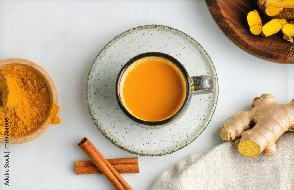 drink with turmeric, ginger, cinnamon on the table, top view, empty space for text drink with turmeric, ginger, cinnamon on the table, top view, empty space for text