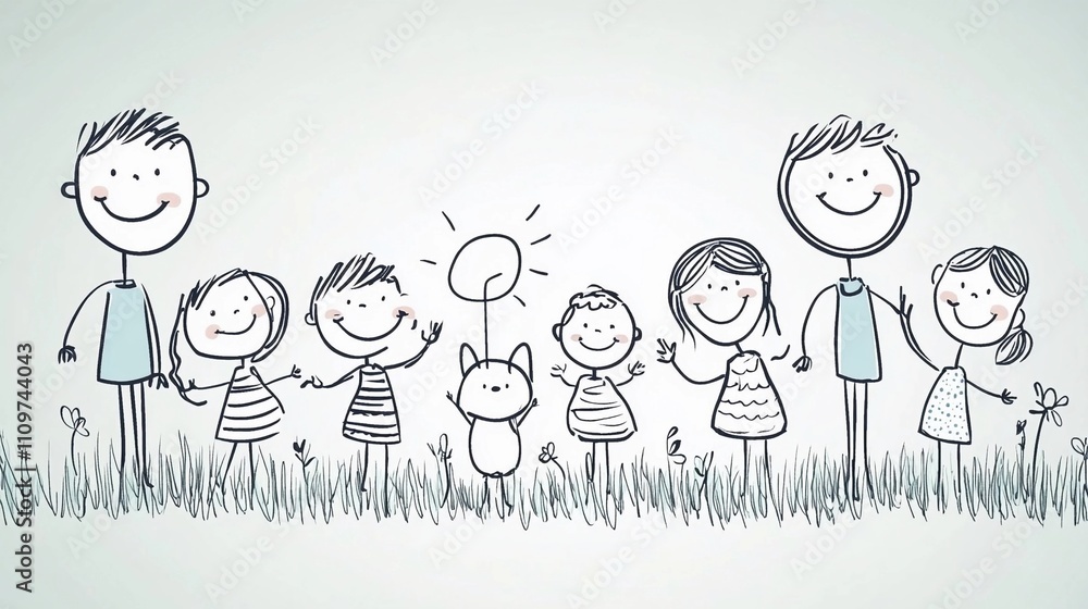 Family drawing with smiling children and a cute animal in a vibrant outdoor setting