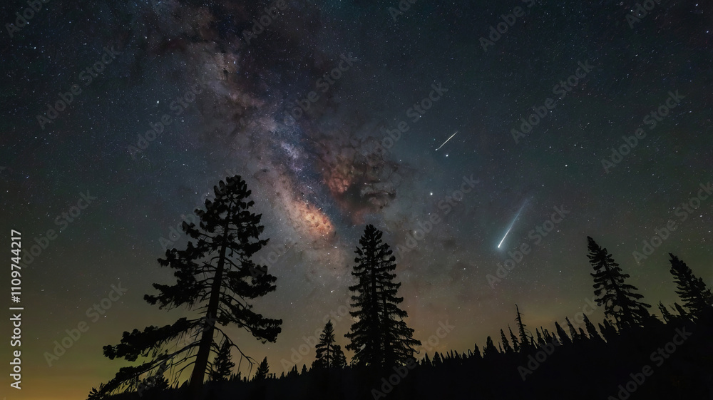 Fototapeta premium The Milky Way over a pine forest before sunrise.