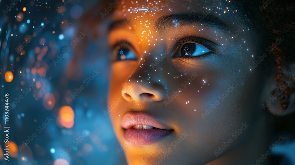 A Teenage girl exploring a holographic world in AR her glowing wonder captivated by 3D visuals A Teenage girl exploring a holographic world in AR her glowing wonder captivated by 3D visuals