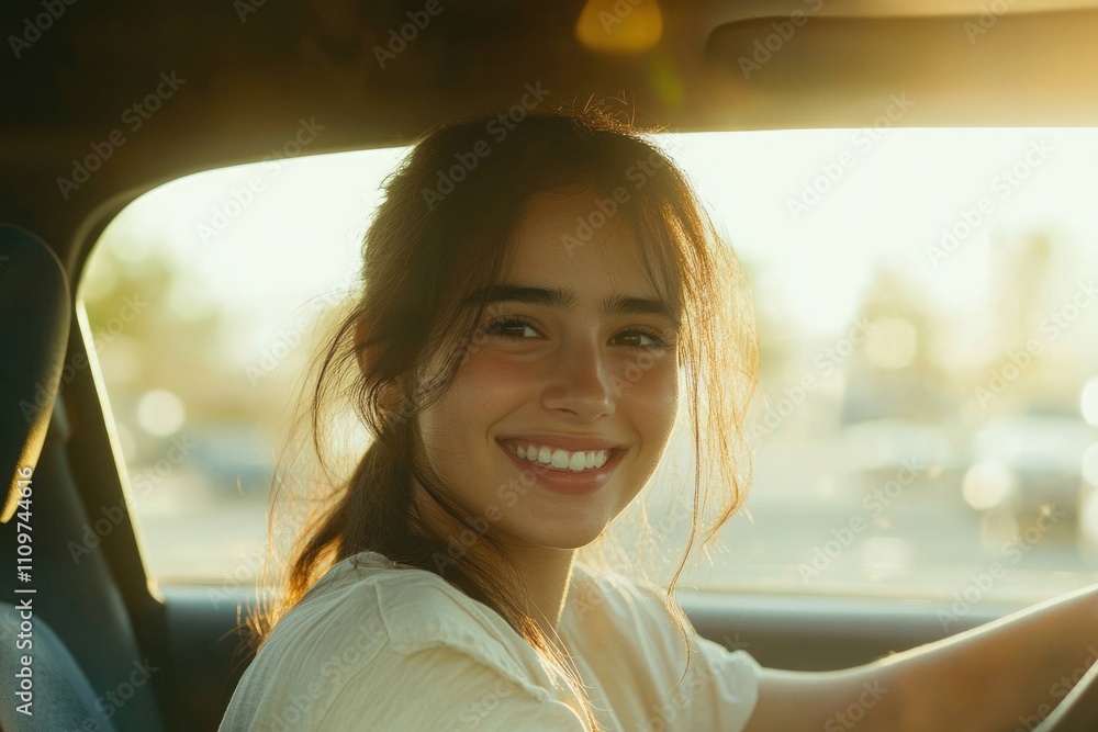 Joyful Young Woman Behind Wheel: Happy Smiles While Driving Her New Car at Sunset in City Traffic Joyful Young Woman Behind Wheel: Happy Smiles While Driving Her New Car at Sunset in City Traffic