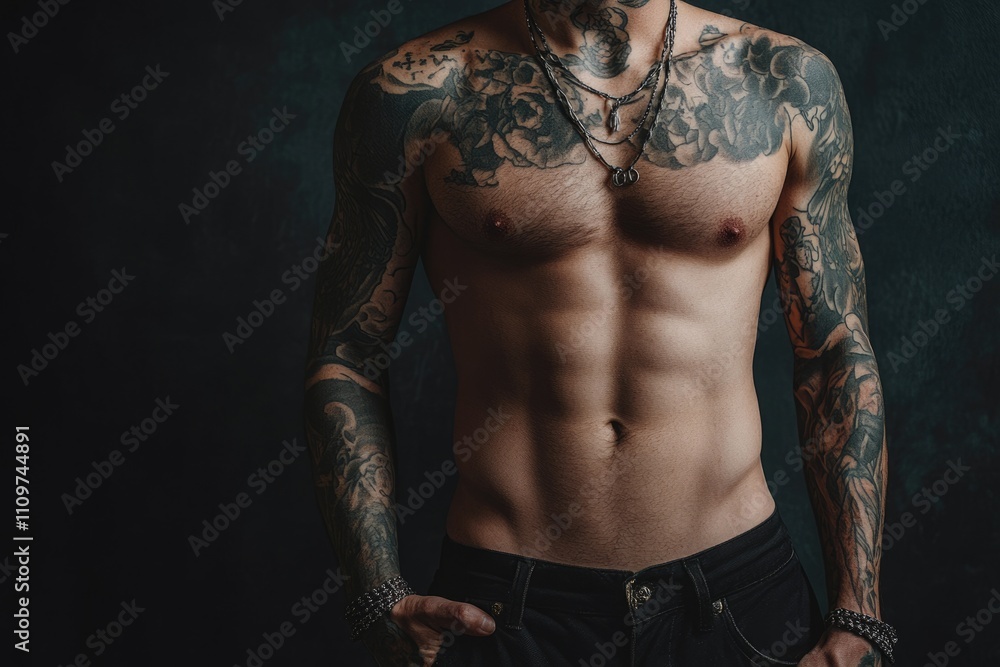 Fototapeta premium Contemporary Tattooed Individual Showcasing Unique Body Art Against Dark Backdrop