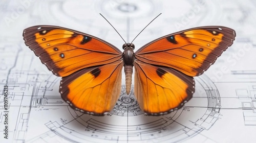 Colorful butterfly resting on architectural blueprint in a creative workspace photo