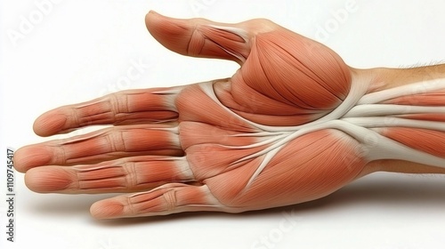 Detailed anatomical illustration of human hand muscles and tendons showcasing structure