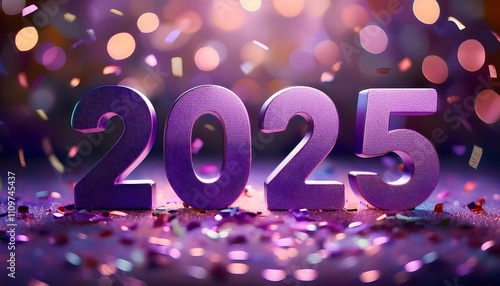 Vibrant purple New Year 2025 display with confetti and a soft blur for a festive celebration. Generative AI