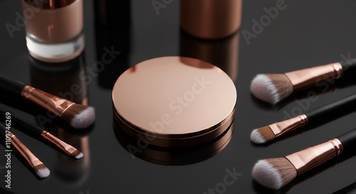 A cosmetic compact mock-up with a blank surface, resting on a glass table surrounded by makeup brushes 3d illustration brand mock-up template.