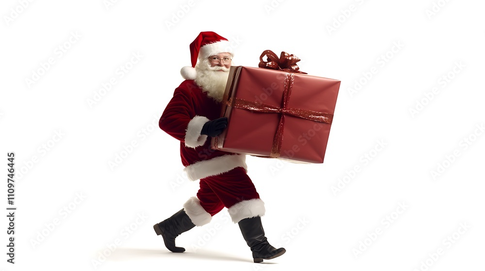 Santa Claus carrying a large Christmas gift, isolated on a white background, perfect for holiday-themed designs. Santa Claus carrying a large Christmas gift, isolated on a white background, perfect for holiday-themed designs.