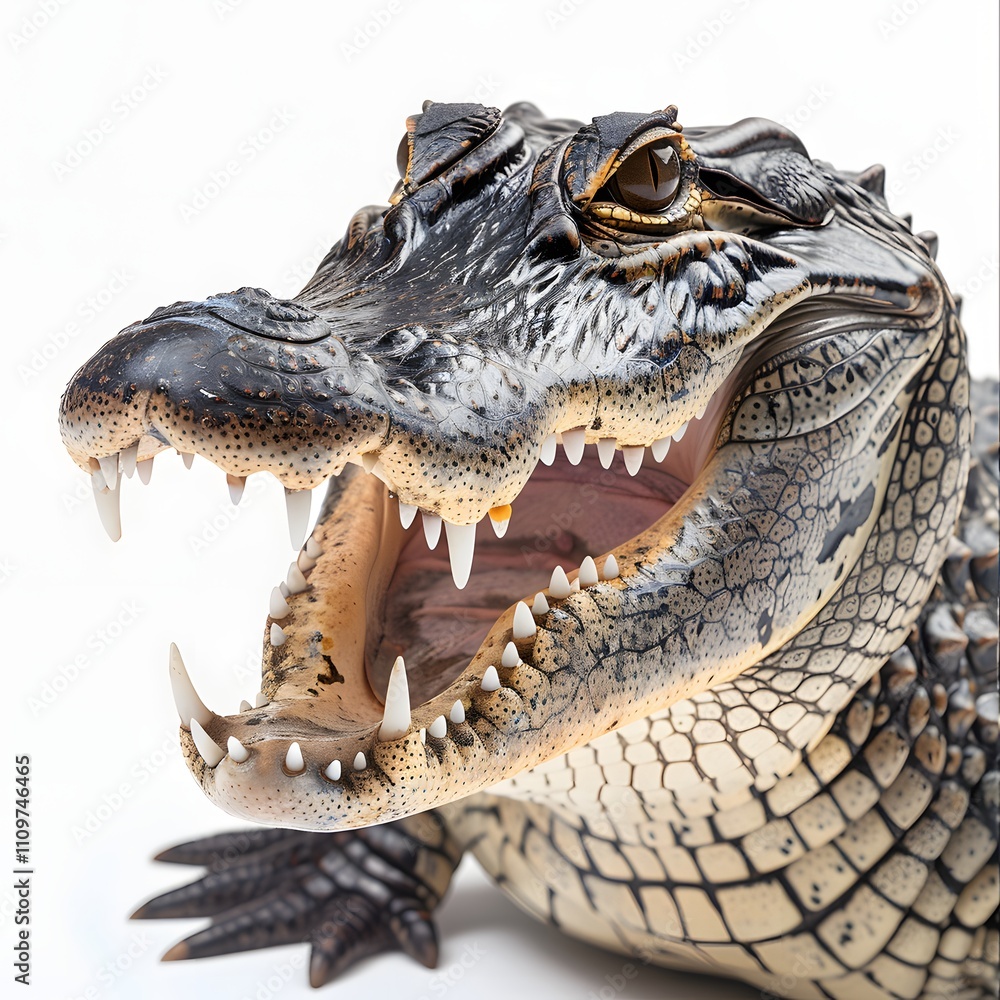 Obraz premium Close-up of an alligator's head and open jaws, showcasing its sharp teeth and textured skin against a white background. A detailed image of a reptile.