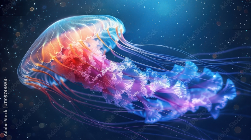 Vibrant jellyfish underwater, glowing bell, tentacles. Vibrant jellyfish underwater, glowing bell, tentacles.