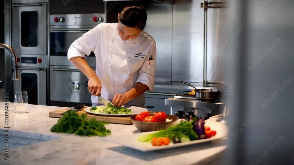 Chef skillfully prepares fresh salad in modern kitchen Chef skillfully prepares fresh salad in modern kitchen