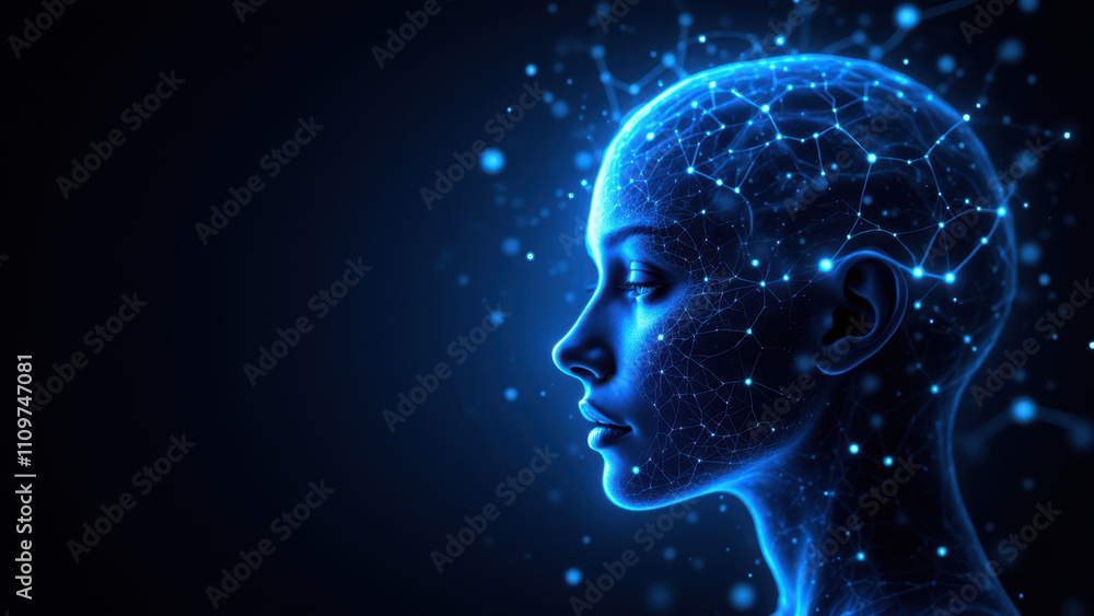 Obraz premium Computerized human head with blue glow representing advanced thought processes indicative of Artificial General Intelligence.