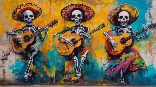 Vibrant mural of skeleton mariachi band with sombreros and guitars