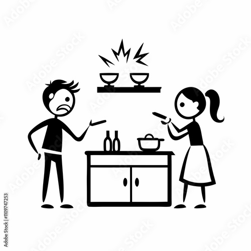 Angry couple in kitchen dispute with household conflict and relationship tension concept  
