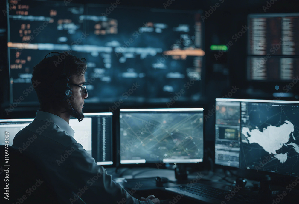 Focused Air Traffic Controller Monitoring Flight Data On Multiple Screens In A Dark Control Center Focused Air Traffic Controller Monitoring Flight Data On Multiple Screens In A Dark Control Center