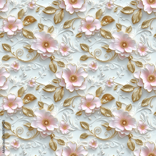 Seamless floral pattern with pastel pink flowers and gold leaves