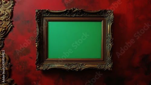 A vintage, ornate frame with a green screen, positioned on a vintage wall photo