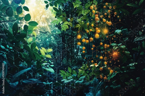 Lush jungle scene with glowing elements and molecular patterns.
