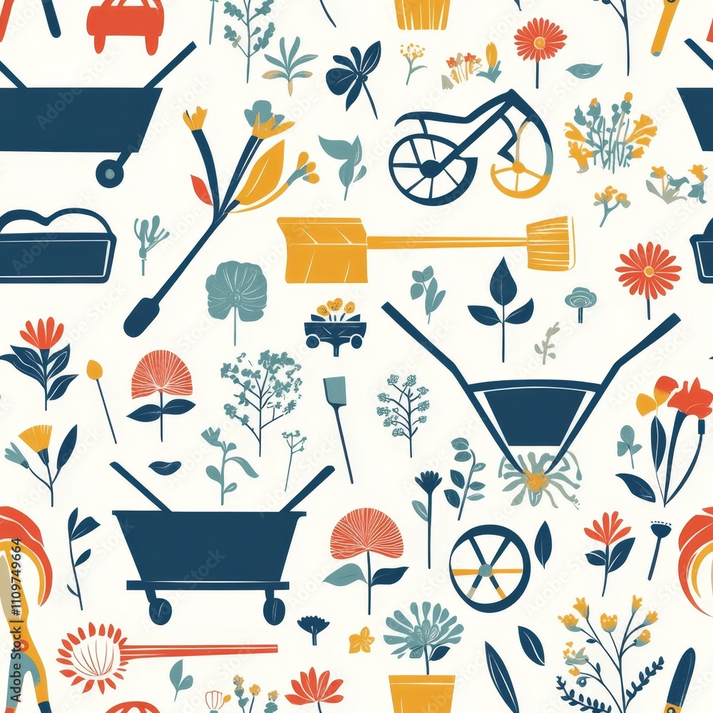 Garden Pattern with Flowers and Tools Garden Pattern with Flowers and Tools