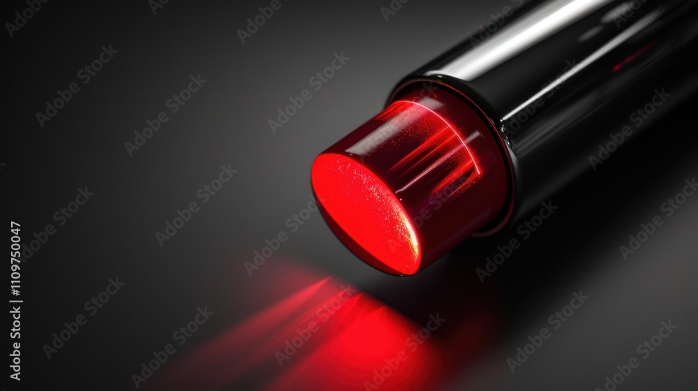 Close-up of red lipstick with metallic casing on dark background. Close-up of red lipstick with metallic casing on dark background.