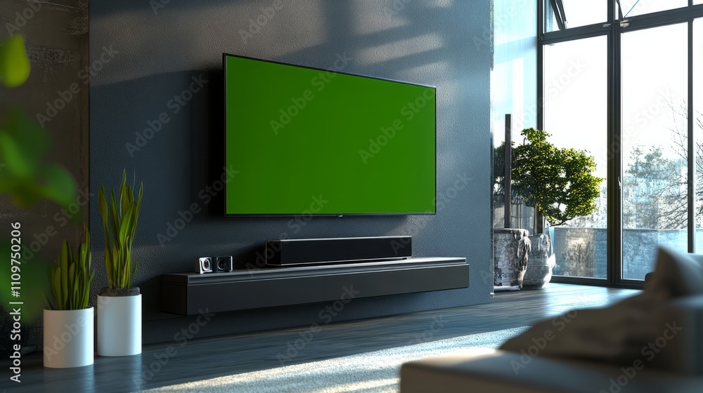 A sleek, minimalist TV with a green screen on a modern A sleek, minimalist TV with a green screen on a modern