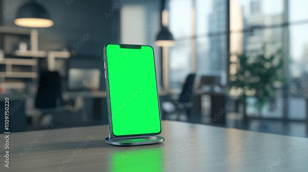 A smartphone with a green screen displayed on a wireless charging stand in a modern office setting. A smartphone with a green screen displayed on a wireless charging stand in a modern office setting.