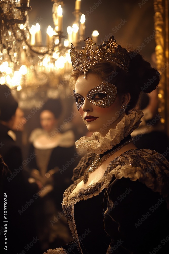 A stunning woman in a lavish masquerade outfit showcases the glamour of a bygone era in this captivating scene. A stunning woman in a lavish masquerade outfit showcases the glamour of a bygone era in this captivating scene.