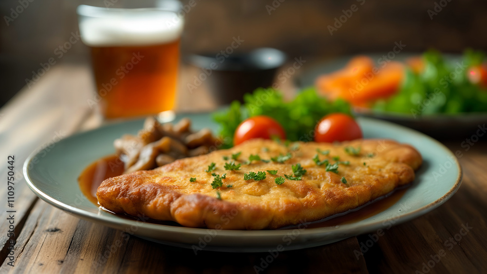 A Hearty Meal: Pork Schnitzel with Rich Gravy and Seasonal Vegetables on a Rustic Table A Hearty Meal: Pork Schnitzel with Rich Gravy and Seasonal Vegetables on a Rustic Table