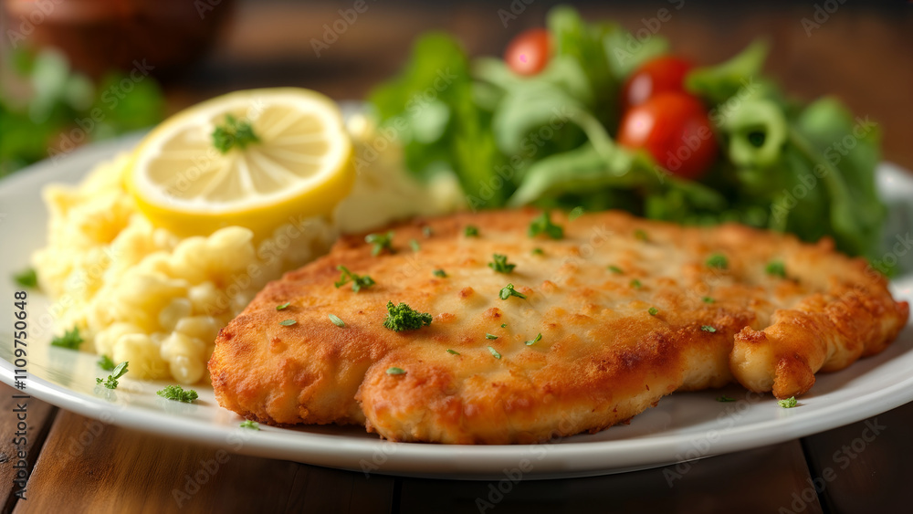 A Culinary Delight: Perfectly Cooked Pork Schnitzel with Sides of Mashed Potatoes and Garden Salad A Culinary Delight: Perfectly Cooked Pork Schnitzel with Sides of Mashed Potatoes and Garden Salad