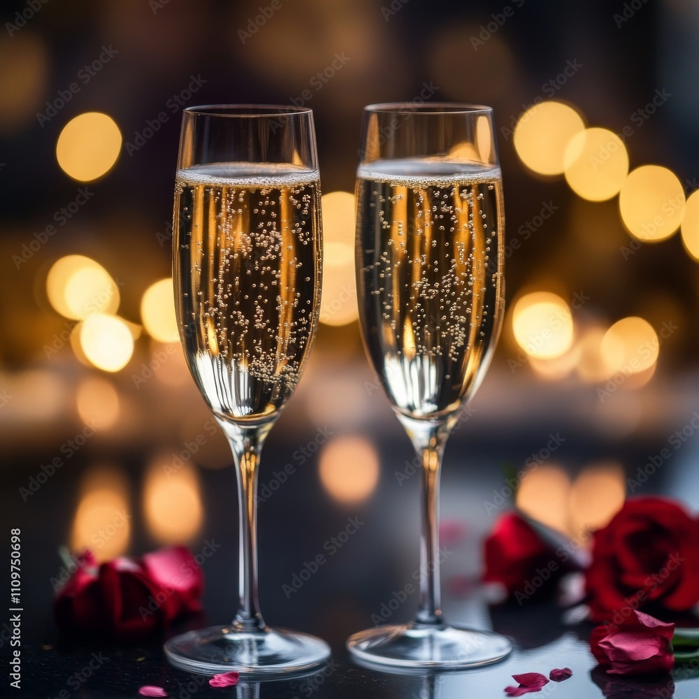 Two sparkling champagne glasses sit elegantly beside rose petals, creating a romantic atmosphere for any occasion. Two sparkling champagne glasses sit elegantly beside rose petals, creating a romantic atmosphere for any occasion.