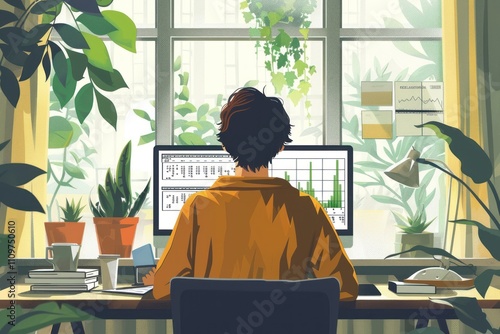 A person sits at a desk in front of a computer, working from home in a green and sunny room.