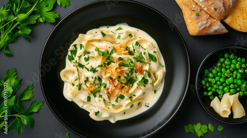 Wallpaper Mural Delicious creamy pasta topped with fresh herbs, accompanied by bread and green peas Torontodigital.ca