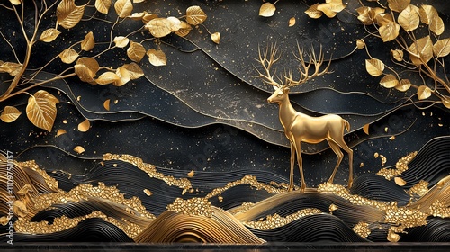 Fototapeta Naklejka Na Ścianę i Meble -  Gold deer in a dark forest scene with golden leaves and abstract waves.