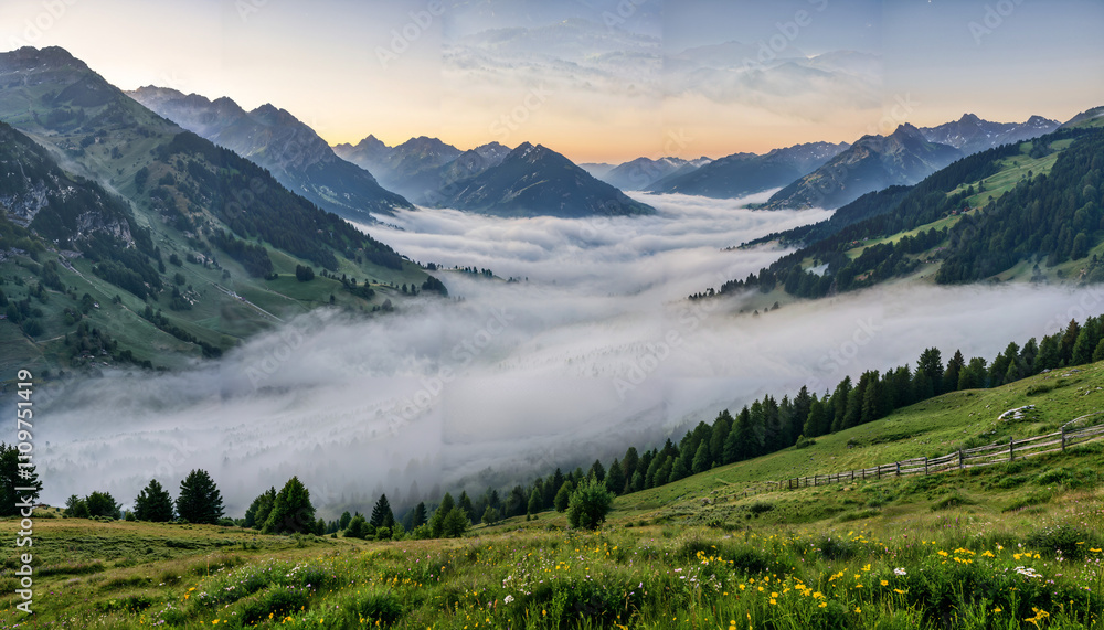 Fototapeta premium Vallée embrumée au lever du soleil