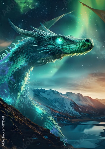 Majestic teal dragon overlooking a serene, snow-capped mountain range under a vibrant aurora borealis.  A fantasy scene. photo