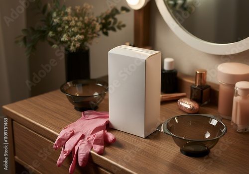 A hair dye box mock-up with a blank surface, placed in a home styling setup with gloves and bowls 3d illustration brand mock-up template.