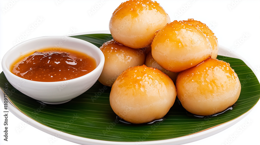 Delicious puto piled high with a shiny golden-brown surface, served with sweet sauce Delicious puto piled high with a shiny golden-brown surface, served with sweet sauce